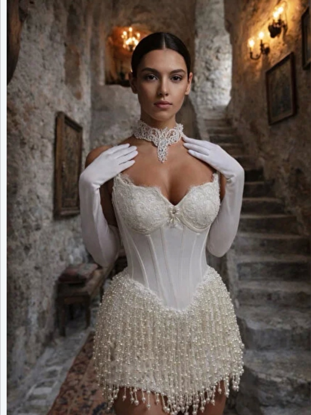 Lace Corset Pearl Fringe Mini Dress in Ivory